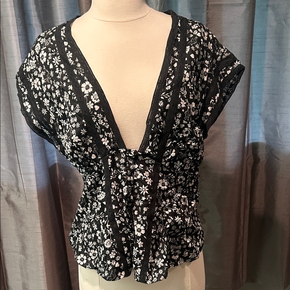 Free People Landy Top black and White Floral Blouse